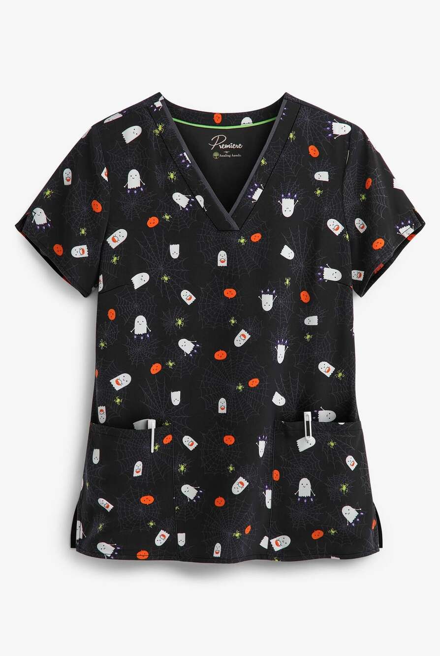 Premiere by Healing Hands Scrub Top Size 3X Black Ghost Print